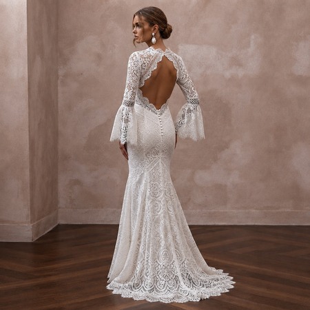 Boho Lace Trumpet Wedding Dress with Open Back - Apparel & Accessories > Clothing > Wedding & Bridal Party Dresses > Wedding Dresses - Mignonette Bridal