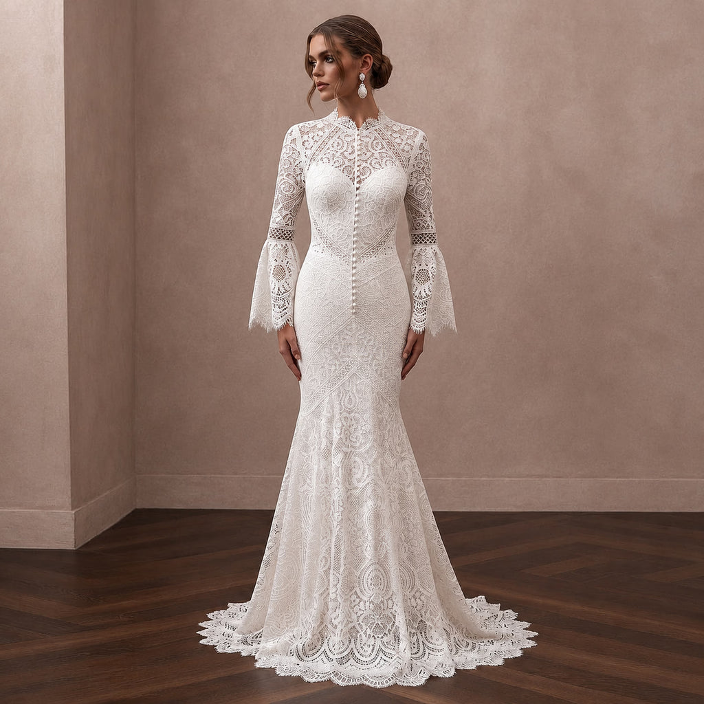 Boho Lace Trumpet Wedding Dress with Open Back - Apparel & Accessories > Clothing > Wedding & Bridal Party Dresses > Wedding Dresses - Mignonette Bridal