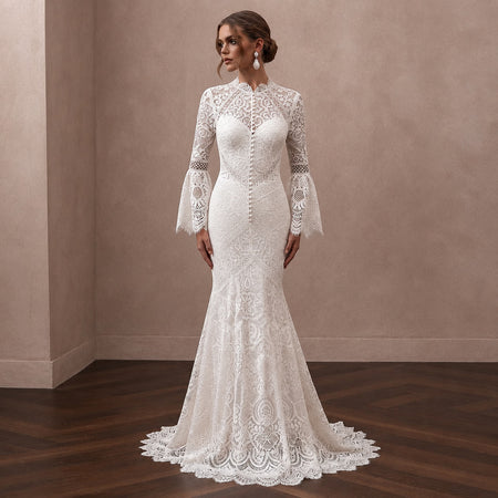 Boho Lace Trumpet Wedding Dress with Open Back - Apparel & Accessories > Clothing > Wedding & Bridal Party Dresses > Wedding Dresses - Mignonette Bridal