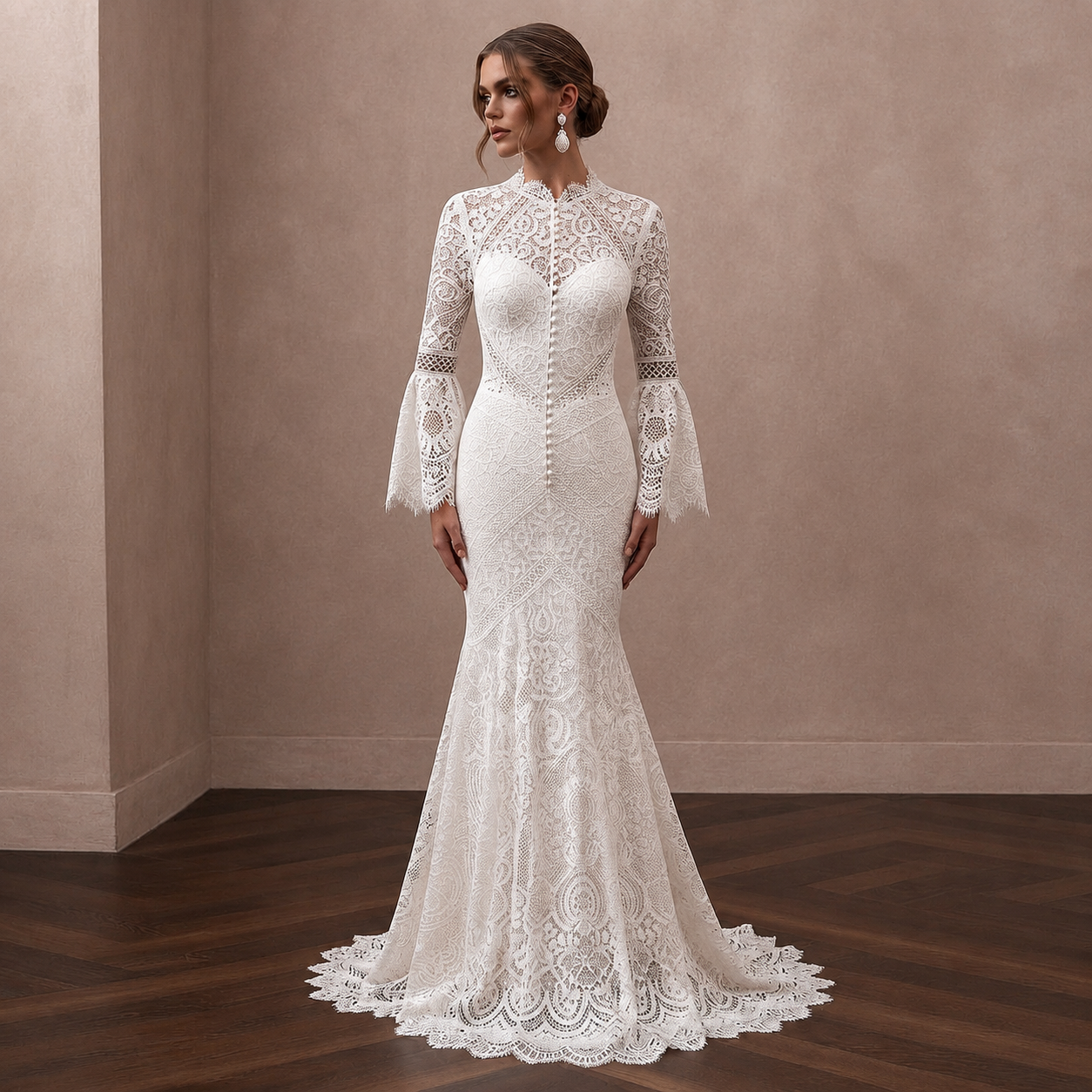 Boho Lace Trumpet Wedding Dress with Open Back - Apparel & Accessories > Clothing > Wedding & Bridal Party Dresses > Wedding Dresses - Mignonette Bridal
