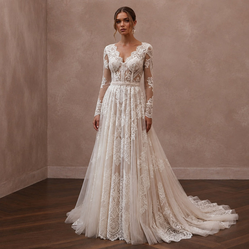 White lace wedding dress with long sleeves, V neckline, and A-line skirt