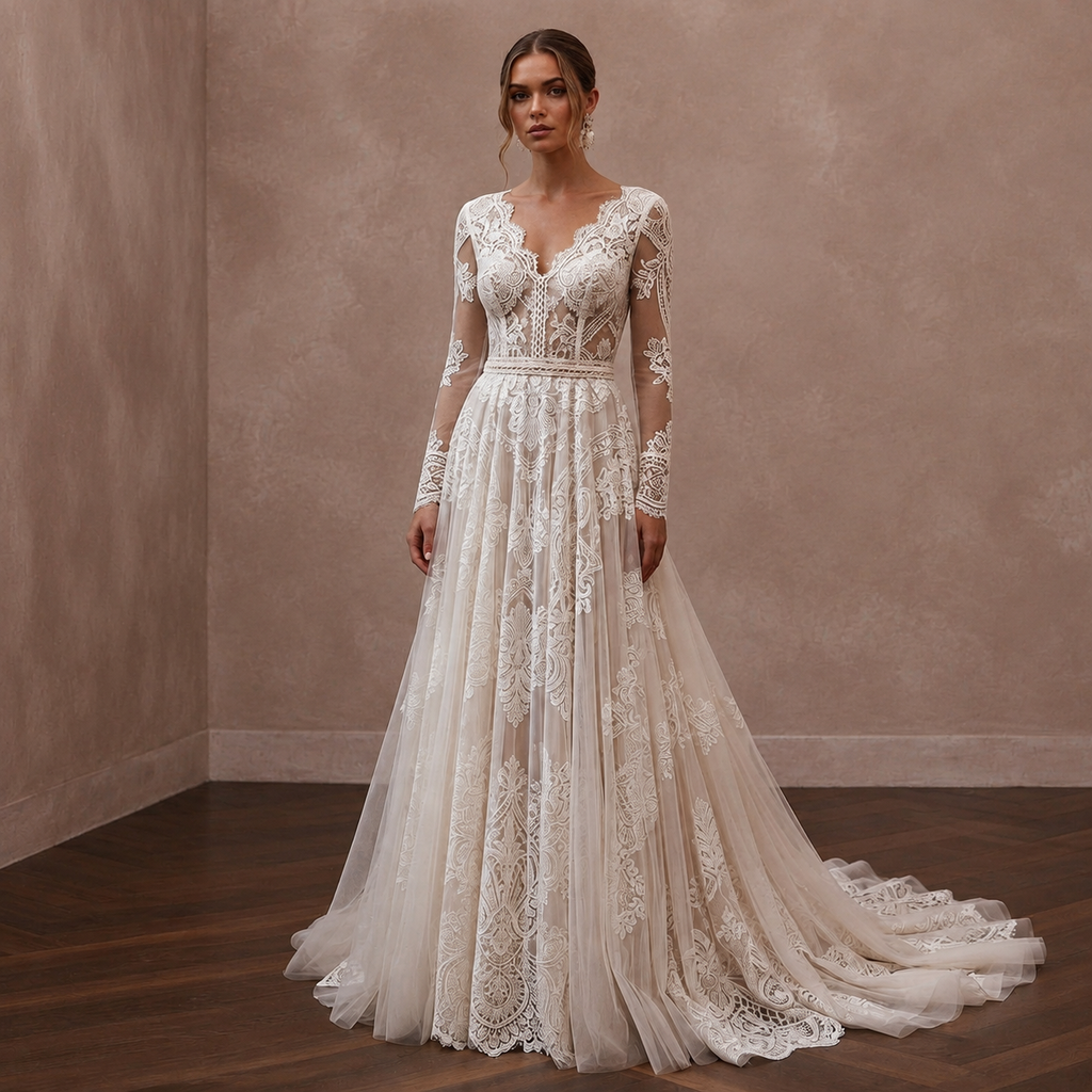 White lace wedding dress with long sleeves, V neckline, and A-line skirt