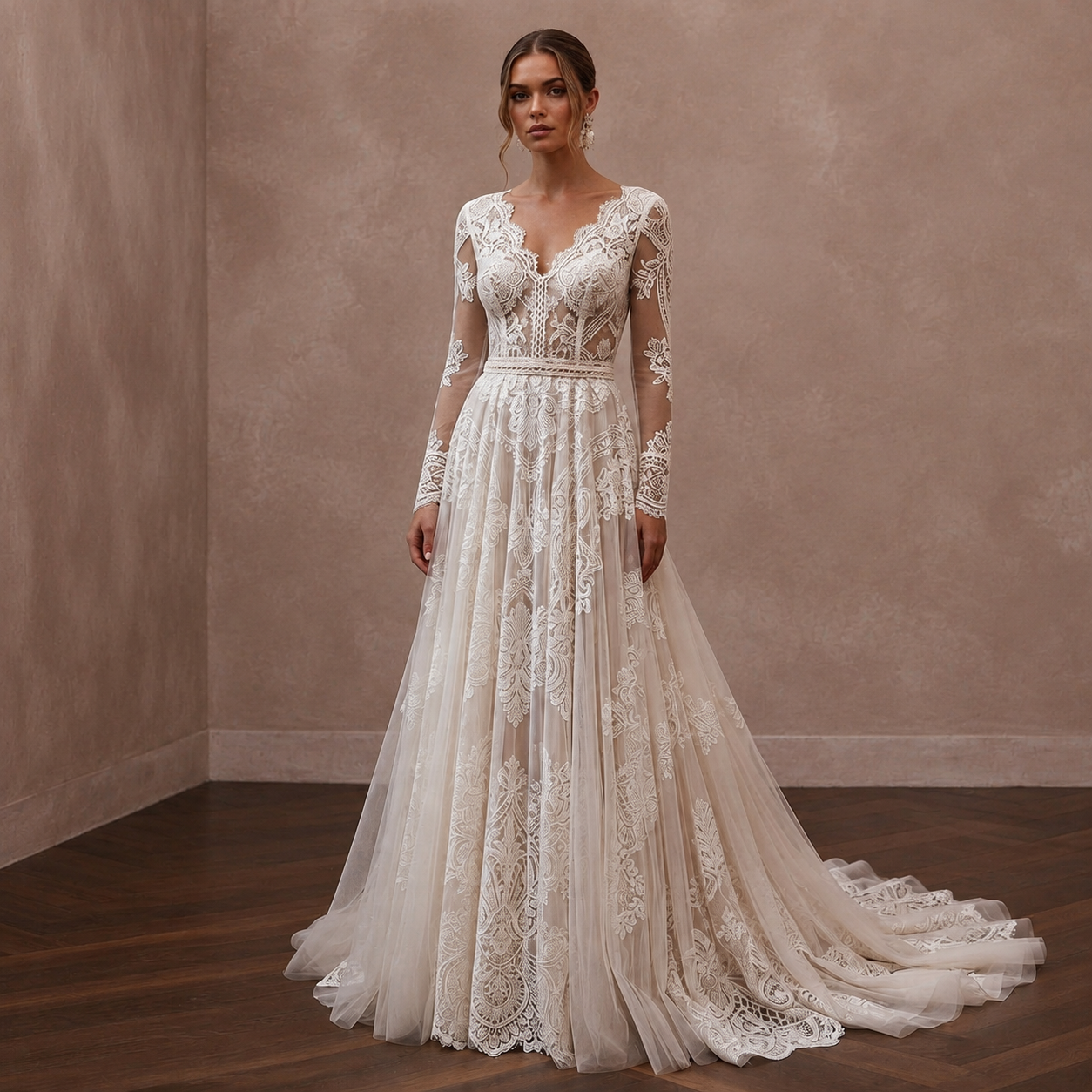 White lace wedding dress with long sleeves, V neckline, and A-line skirt