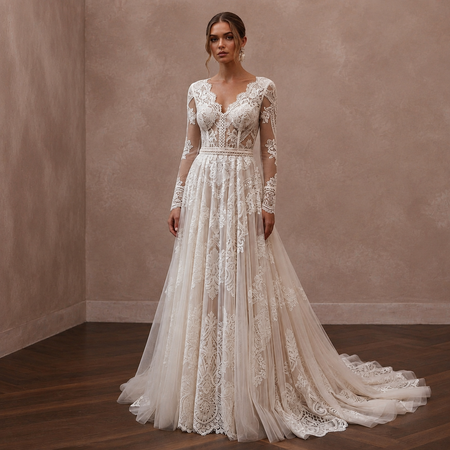 White lace wedding dress with long sleeves, V neckline, and A-line skirt