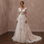 White lace wedding dress with long sleeves, V neckline, and A-line skirt
