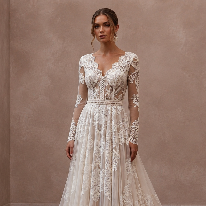 White lace wedding dress with long sleeves, fitted bodice, and flowing A-line skirt