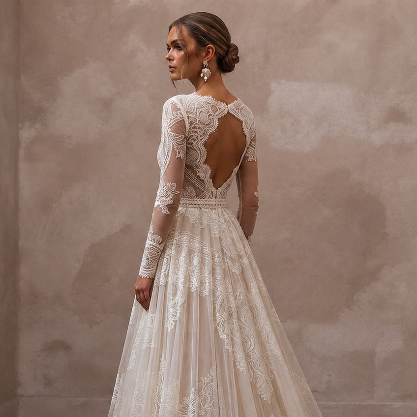 White lace wedding dress back with sheer long sleeves and ornate A-line skirt