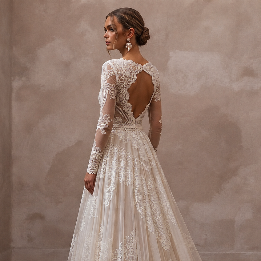 White lace wedding dress back with sheer long sleeves and ornate A-line skirt