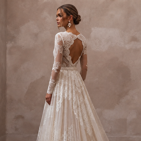 White lace wedding dress back with sheer long sleeves and ornate A-line skirt