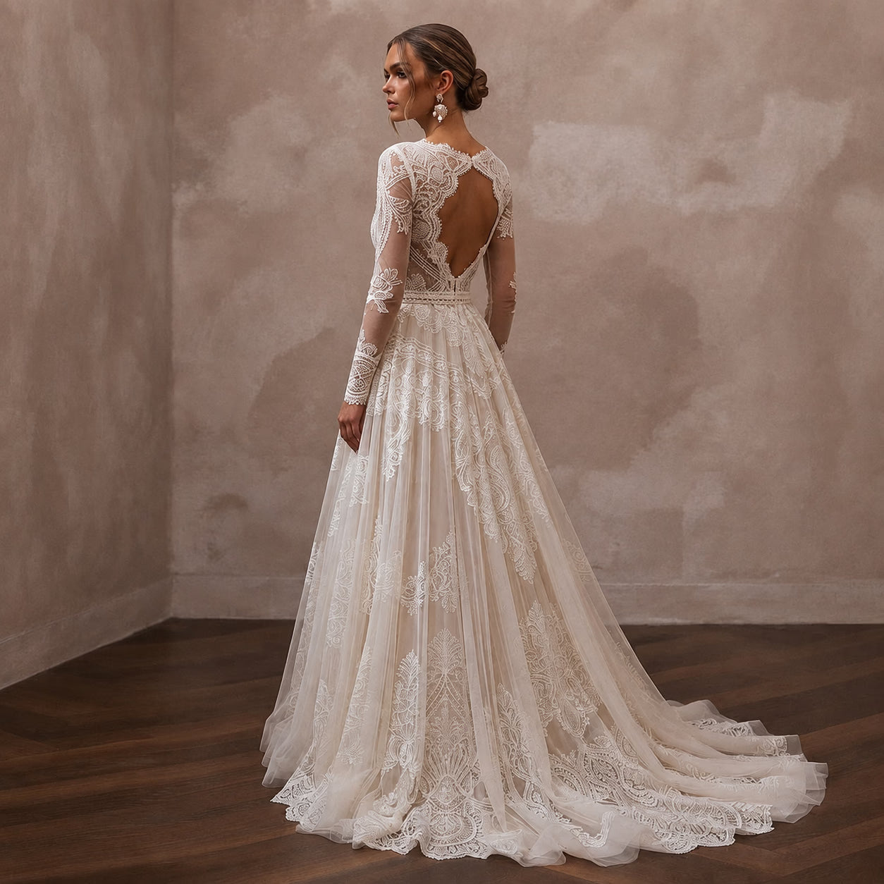 Boho Lace Wedding Dress with Long Sleeves and A-Line Silhouette Secondary image