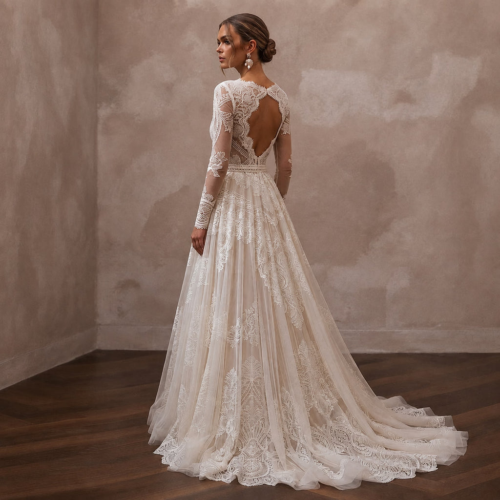 White lace wedding dress, backless illusion and long sleeves with A-line tulle skirt