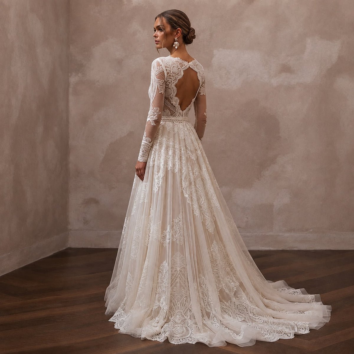 White lace wedding dress, backless illusion and long sleeves with A-line tulle skirt