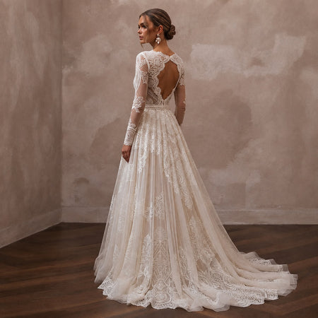 White lace wedding dress, backless illusion and long sleeves with A-line tulle skirt