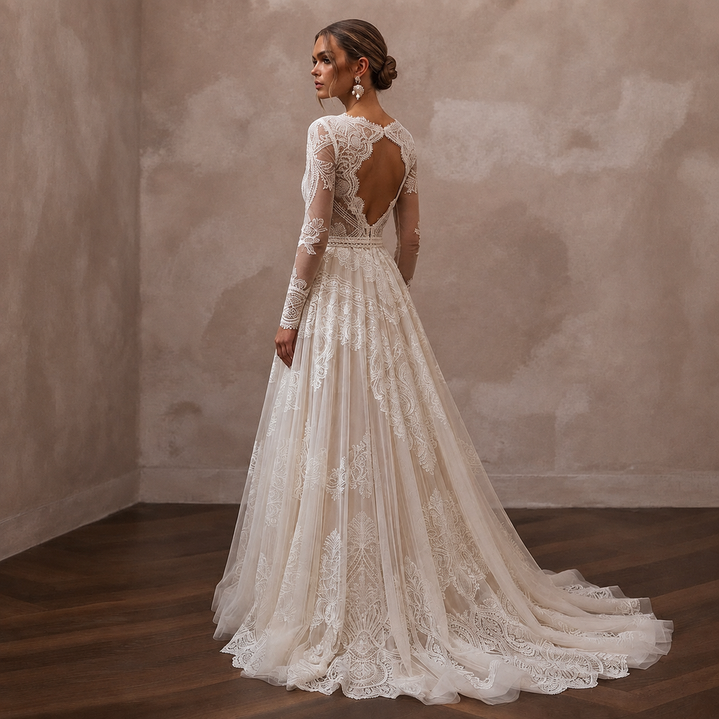 White lace wedding dress, backless illusion and long sleeves with A-line tulle skirt