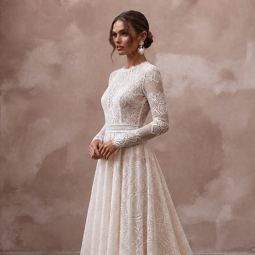 Boho Lace Wedding Dress with Open Back and A-Line Silhouette