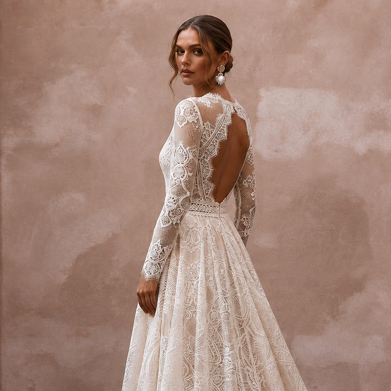 Boho Lace Wedding Dress with Open Back and A-Line Silhouette