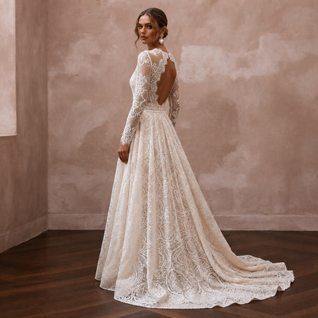 Boho Lace Wedding Dress with Open Back and A-Line Silhouette