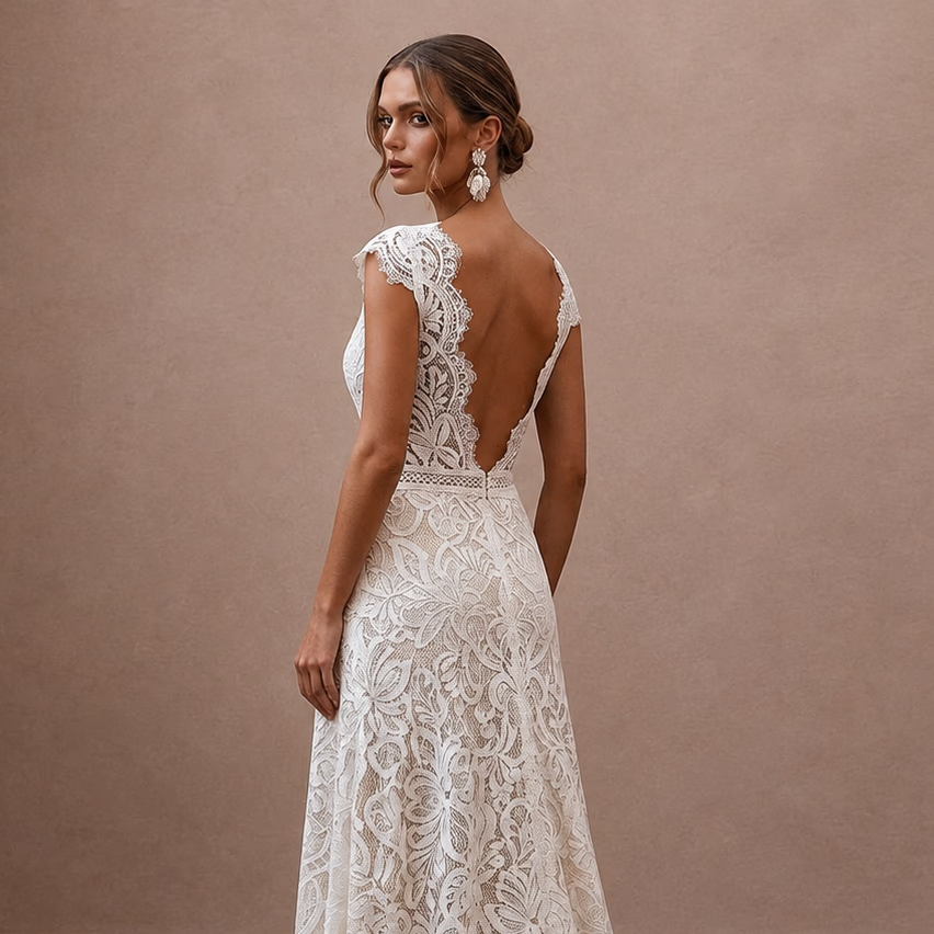 Boho Lace Wedding Dress with Open Back for a Beach Wedding
