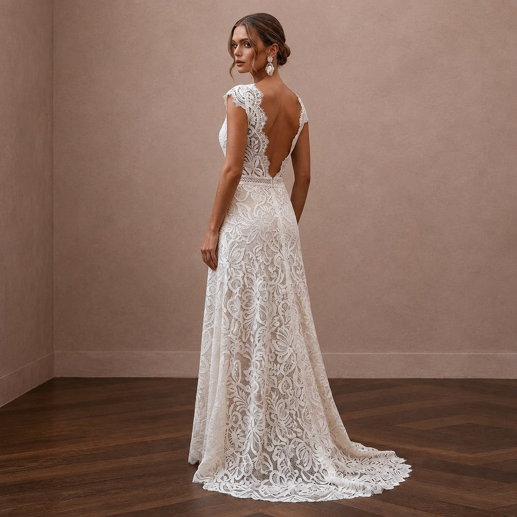 Boho Lace Wedding Dress with Open Back for a Beach Wedding