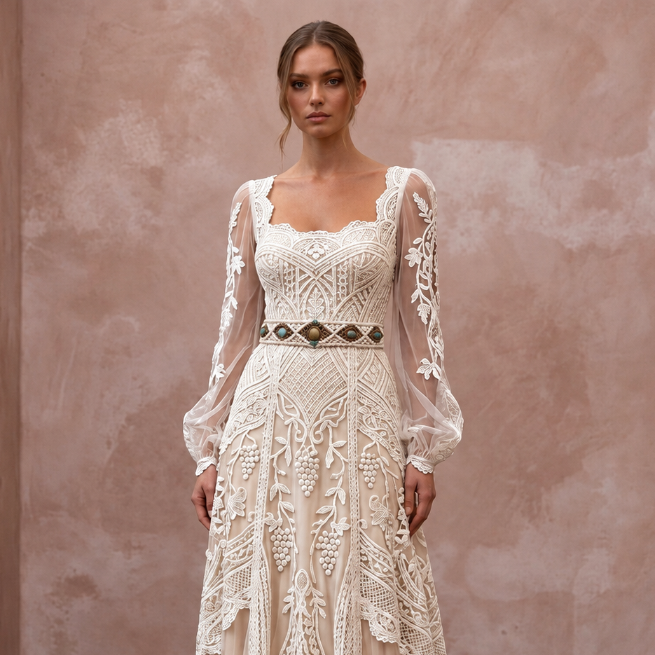 Boho Lace Wedding Gown for a Rustic Vineyard Ceremony