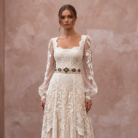 Boho Lace Wedding Gown for a Rustic Vineyard Ceremony
