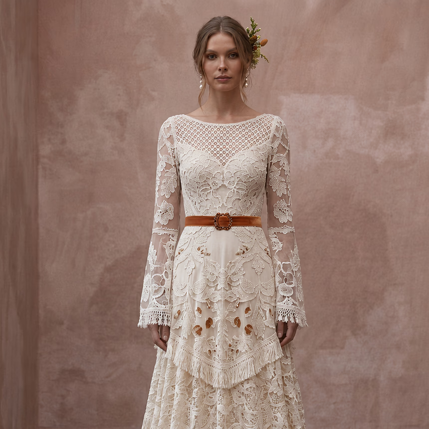 Boho Lace Wedding Gown for an Autumn Outdoor Ceremony