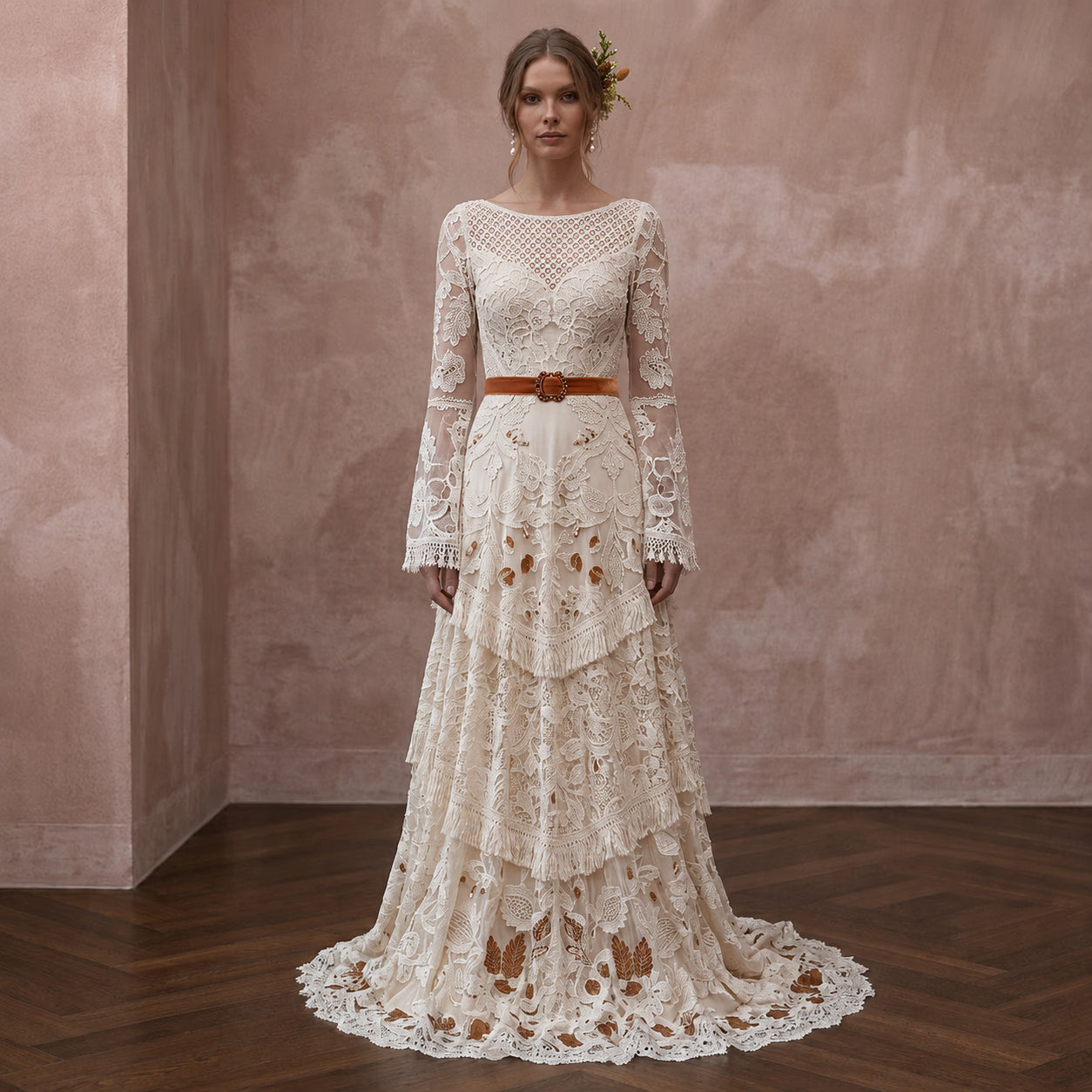 Boho Lace Wedding Gown for an Autumn Outdoor Ceremony
