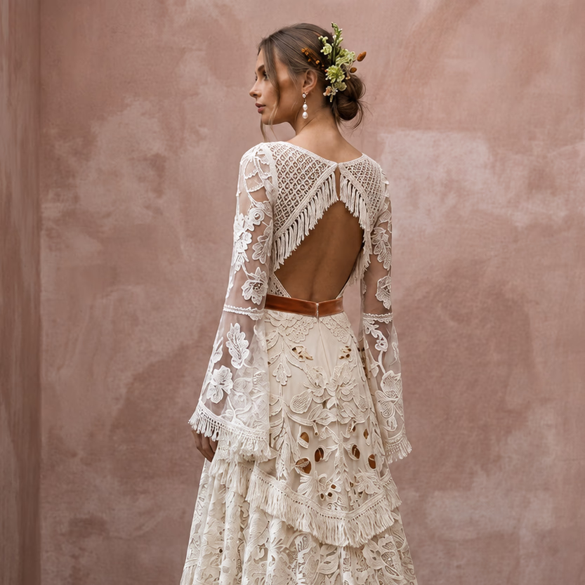 Boho Lace Wedding Gown for an Autumn Outdoor Ceremony