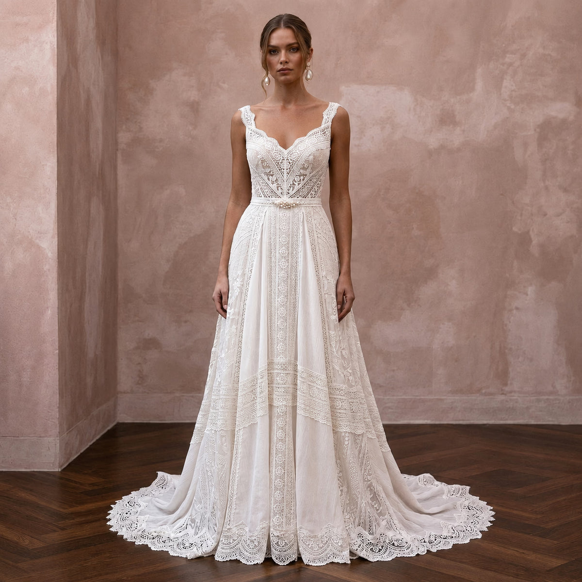 Boho Off - White Cotton Lace A - Line Wedding Gown for Backyard Reception - Apparel & Accessories > Clothing > Wedding & Bridal Party Dresses > Wedding Dresses - Mignonette Bridal