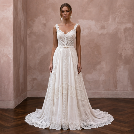 Boho Off-White Cotton Lace A-Line Wedding Gown for Backyard Reception