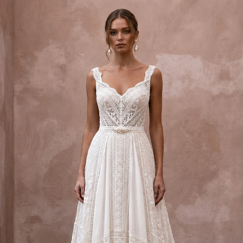 Boho Off - White Cotton Lace A - Line Wedding Gown for Backyard Reception - Apparel & Accessories > Clothing > Wedding & Bridal Party Dresses > Wedding Dresses - Mignonette Bridal
