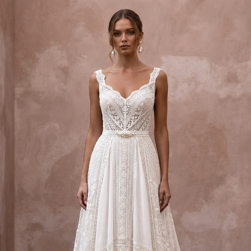 Boho Off-White Cotton Lace A-Line Wedding Gown for Backyard Reception