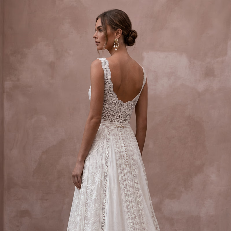 Boho Off - White Cotton Lace A - Line Wedding Gown for Backyard Reception - Apparel & Accessories > Clothing > Wedding & Bridal Party Dresses > Wedding Dresses - Mignonette Bridal