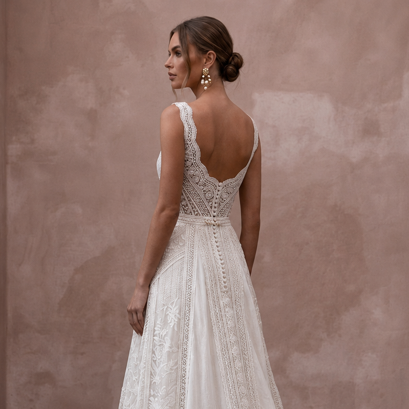 Boho Off-White Cotton Lace A-Line Wedding Gown for Backyard Reception