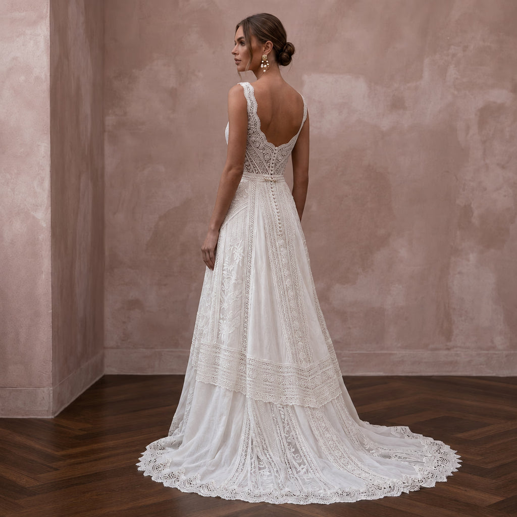 Boho Off - White Cotton Lace A - Line Wedding Gown for Backyard Reception - Apparel & Accessories > Clothing > Wedding & Bridal Party Dresses > Wedding Dresses - Mignonette Bridal