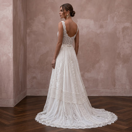 Boho Off - White Cotton Lace A - Line Wedding Gown for Backyard Reception - Apparel & Accessories > Clothing > Wedding & Bridal Party Dresses > Wedding Dresses - Mignonette Bridal