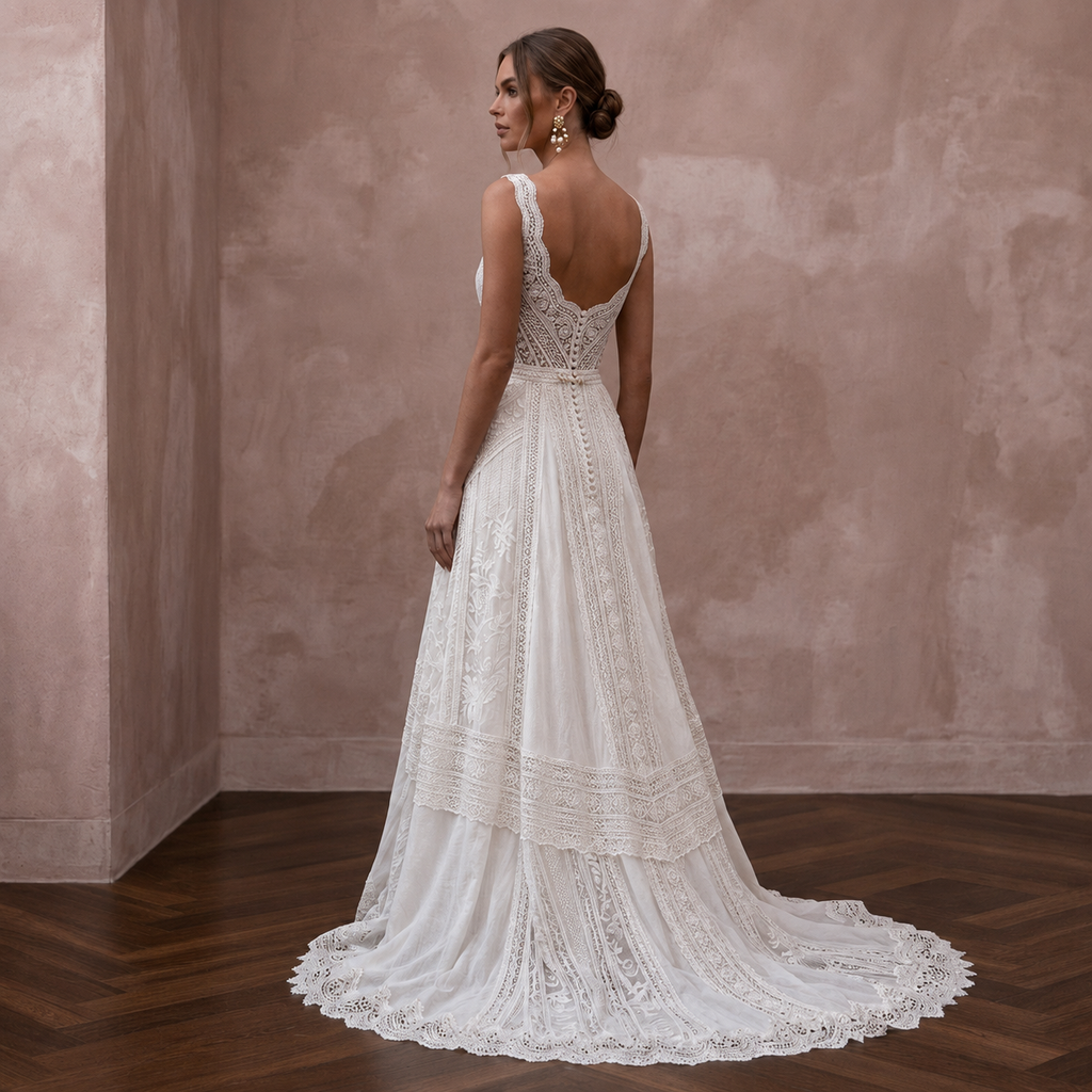 Boho Off-White Cotton Lace A-Line Wedding Gown for Backyard Reception