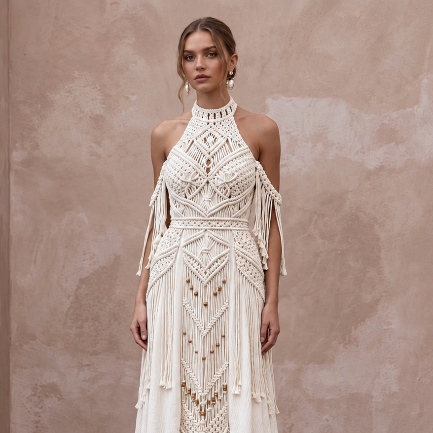 Boho Off-White Cotton Macrame Halter Neck Wedding Gown for Desert Vows