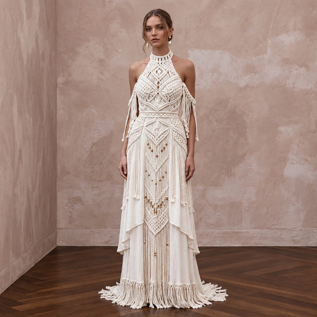 Boho Off-White Cotton Macrame Halter Neck Wedding Gown for Desert Vows