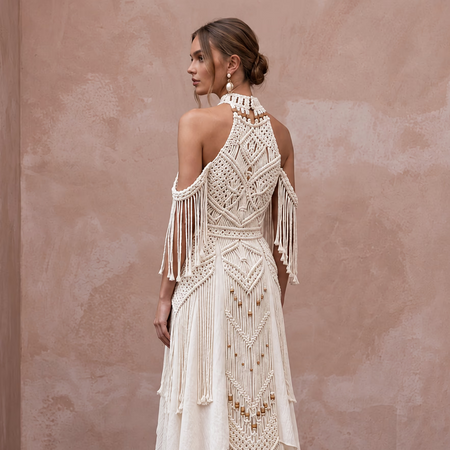 Boho Off-White Cotton Macrame Halter Neck Wedding Gown for Desert Vows