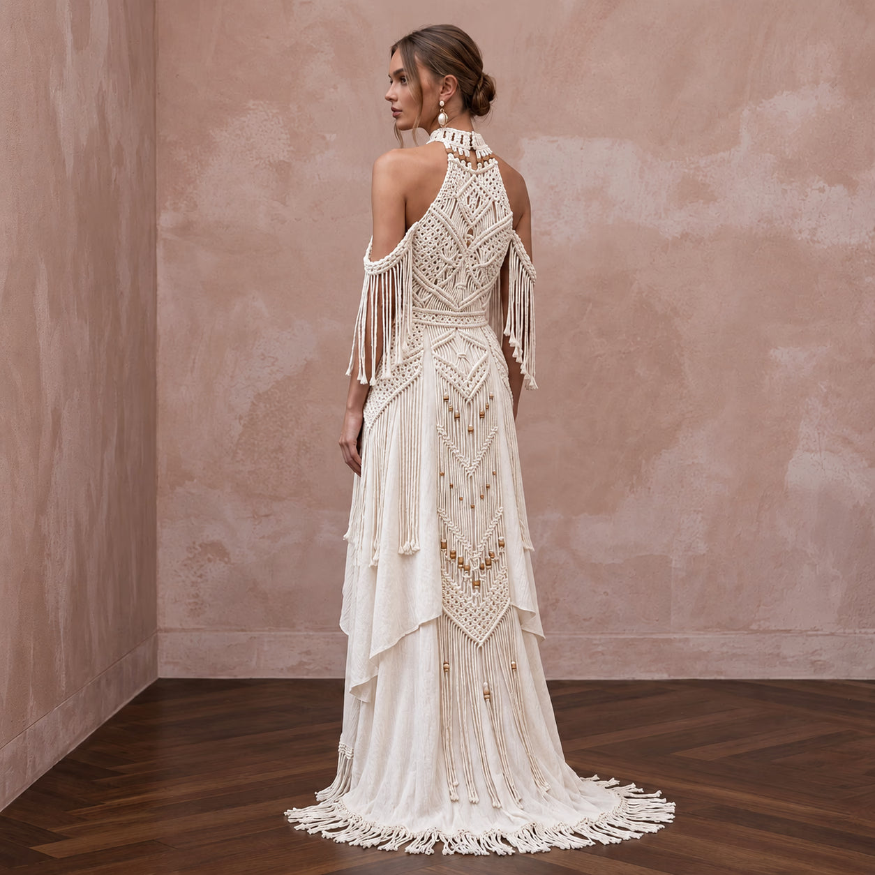 Boho Off-White Cotton Macrame Halter Neck Wedding Gown for Desert Vows Secondary image