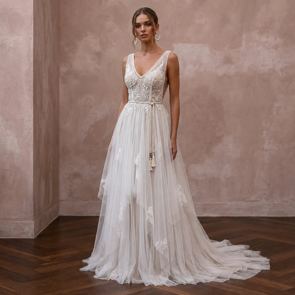 Boho Tulle Bridal Dress with Open Back for a Rustic Wedding