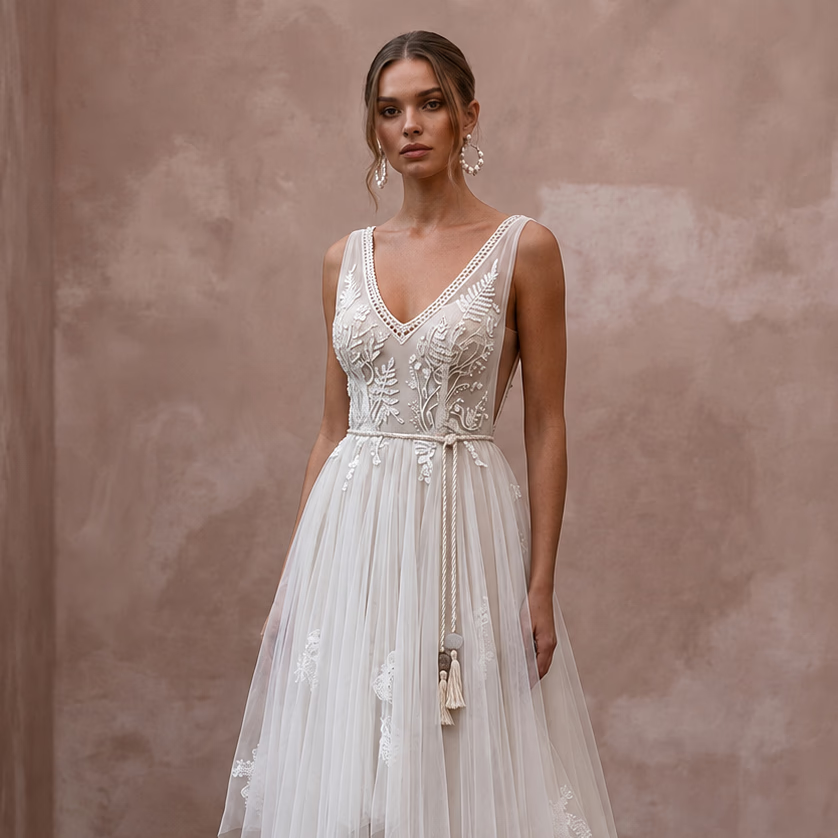 Boho Tulle Bridal Dress with Open Back for a Rustic Wedding