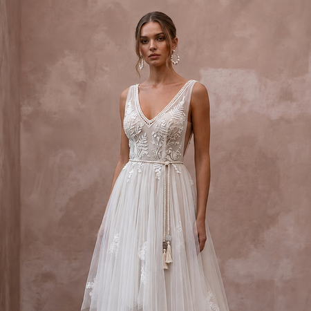 Boho Tulle Bridal Dress with Open Back for a Rustic Wedding