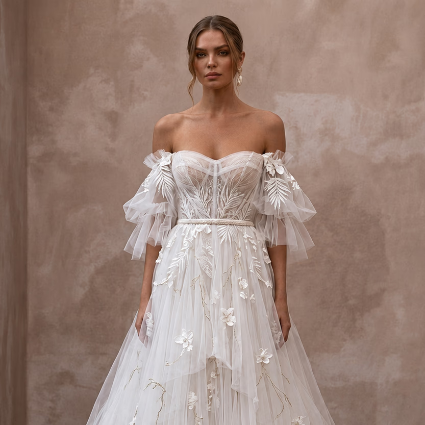 Boho Tulle Wedding Dress for a Tropical Garden Ceremony - Apparel & Accessories > Clothing > Wedding & Bridal Party Dresses > Wedding Dresses - Mignonette Bridal