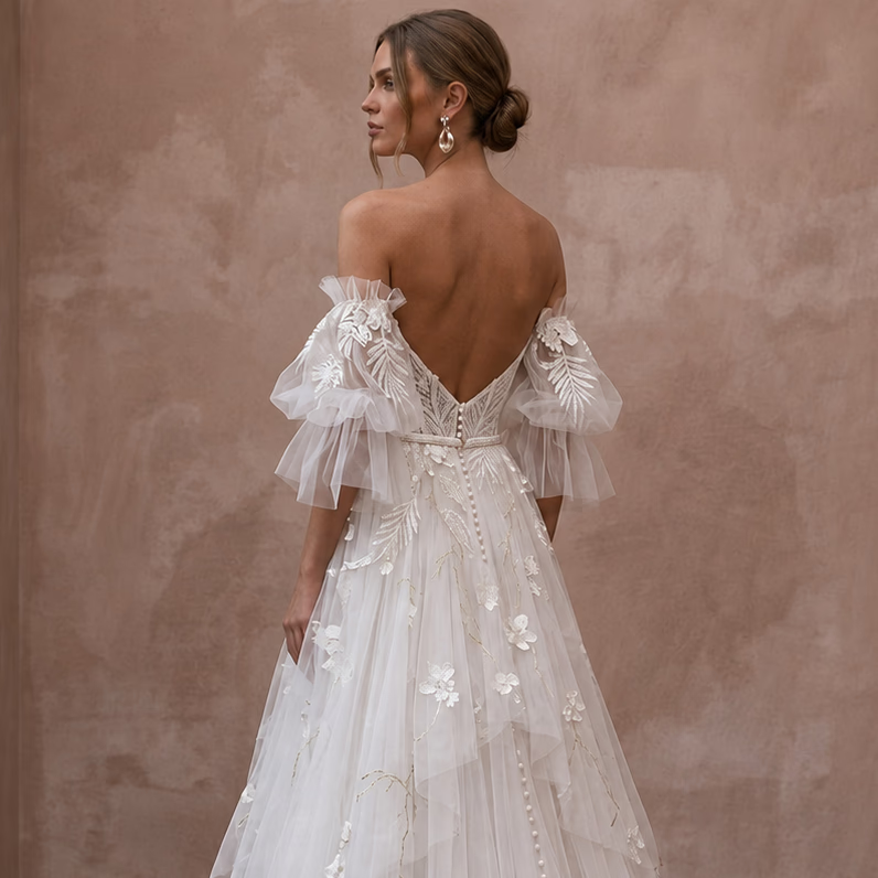 Boho Tulle Wedding Dress for a Tropical Garden Ceremony - Apparel & Accessories > Clothing > Wedding & Bridal Party Dresses > Wedding Dresses - Mignonette Bridal