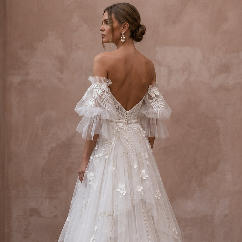 Boho Tulle Wedding Dress for a Tropical Garden Ceremony
