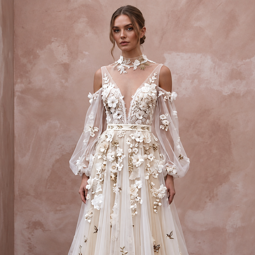 Boho Tulle Wedding Dress with Floral Appliques