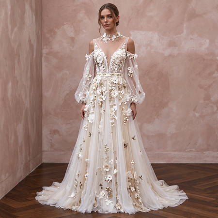 Boho Tulle Wedding Dress with Floral Appliques