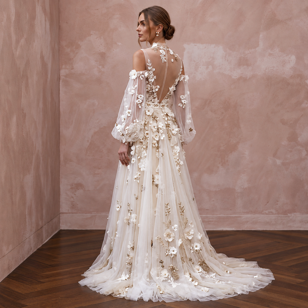 Boho Tulle Wedding Dress with Floral Appliques